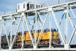 UP 5328 rolls across the massive Neches River Lift Bridge